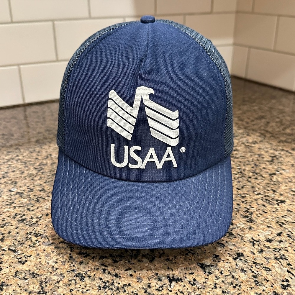 Vtg USAA Trucker Hat Snapback Mesh Back Blue American Made Cap